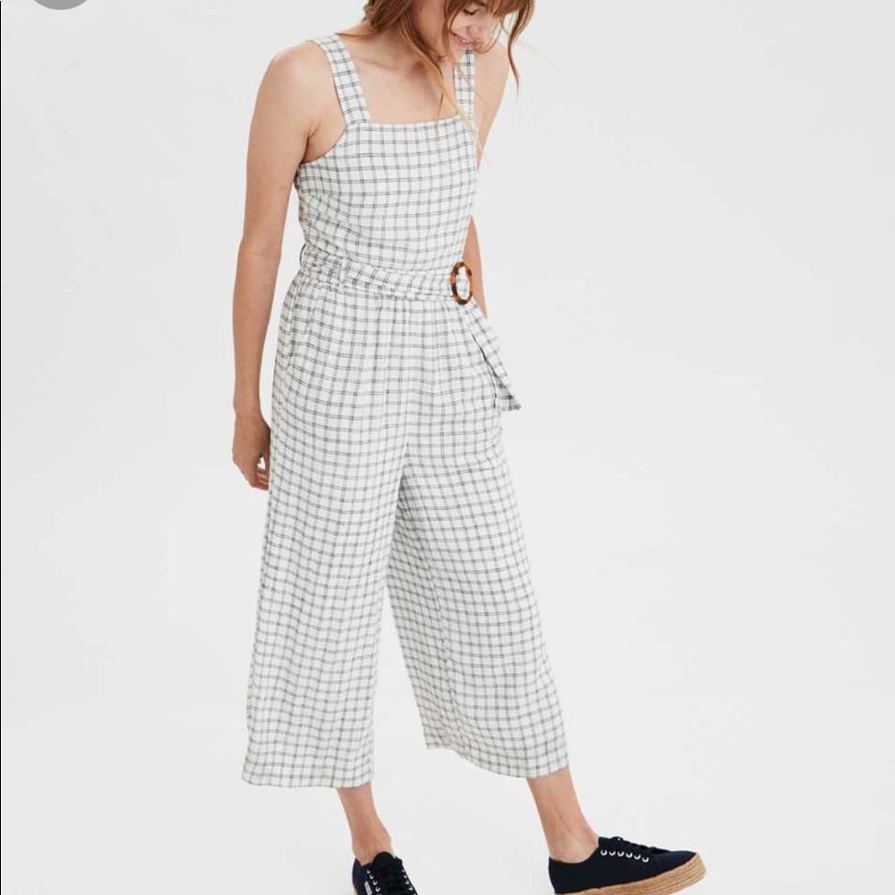 Checked Square-Neck Wide-Leg Jumpsuit in White